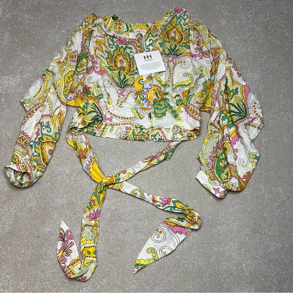 Haute Hippie Paisley Crop Shirt wrap around tie long balloon sleeve womens small